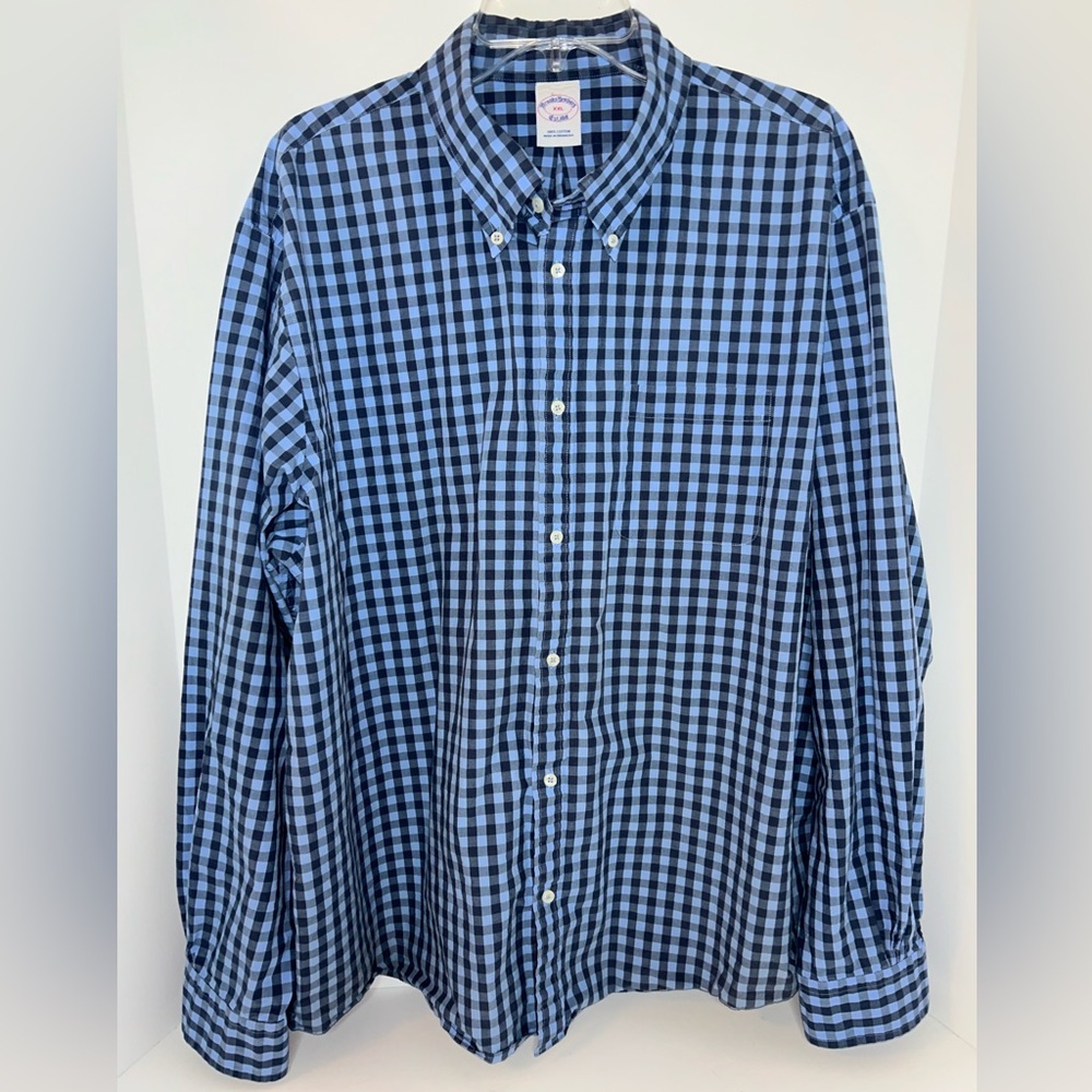 Brooks Brothers mens Friday Shirt, Blue‎ Poplin Gingham relaxed fit size XXL
